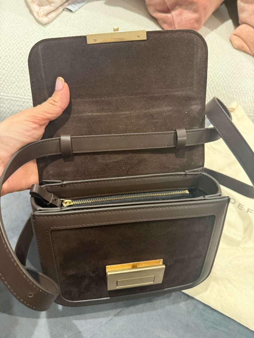 Chocolate Brown Suede Loeffler RandallCrossbody Bag with Gold Hardware - Picture 2 of 5